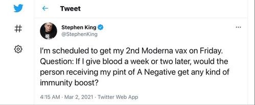 Stephen King tweets his blood type: A negative