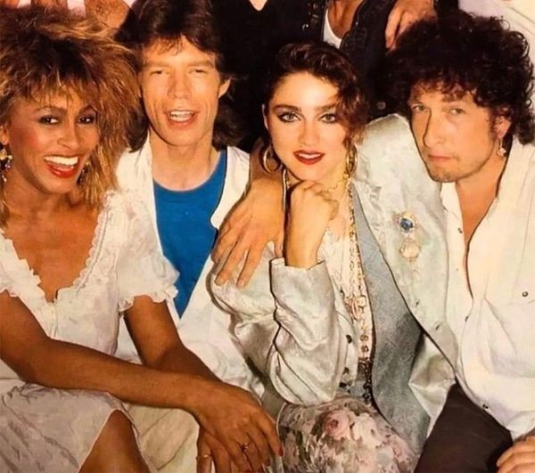 Tina Turner, Mick Jagger, Madonna, and Bob Dylan backstage at Live Aid in 1985